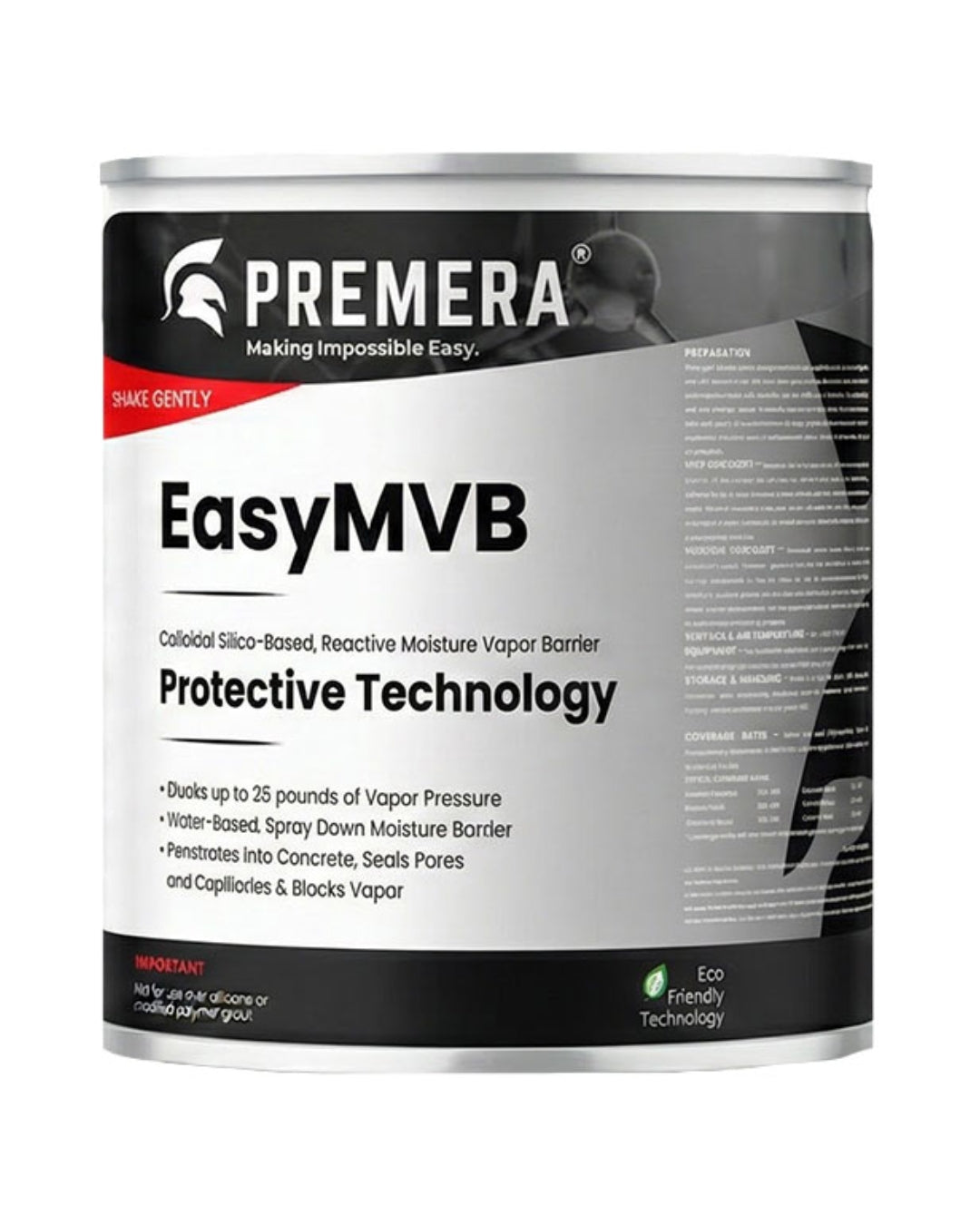 1 Gallon can of Premera EasyMVB, a reactive moisture vapor barrier that blocks up to 25 lbs of hydrostatic pressure and prevents efflorescence in concrete.