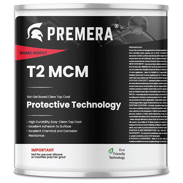 1 Gallon can of Premera T2 MCM Topcoat Gloss, a high-durability and scratch-resistant clear quartz coating for metallic epoxy floors.