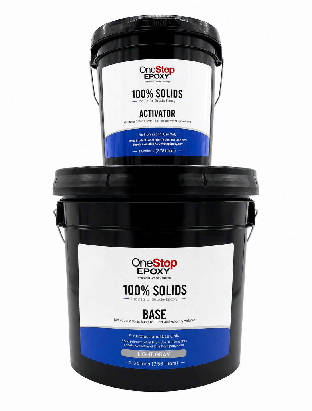 A 3-gallon kit of One Stop Epoxy 100% Solids Industrial Grade Epoxy featuring two black buckets stacked vertically. The larger bottom bucket is labeled 'Base' and the smaller top bucket is labeled 'Activator' against a white background.