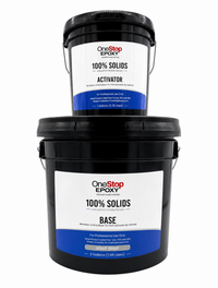Thumbnail for A 3-gallon kit of One Stop Epoxy 100% Solids Industrial Grade Epoxy featuring two black buckets stacked vertically. The larger bottom bucket is labeled 'Base' and the smaller top bucket is labeled 'Activator' against a white background.