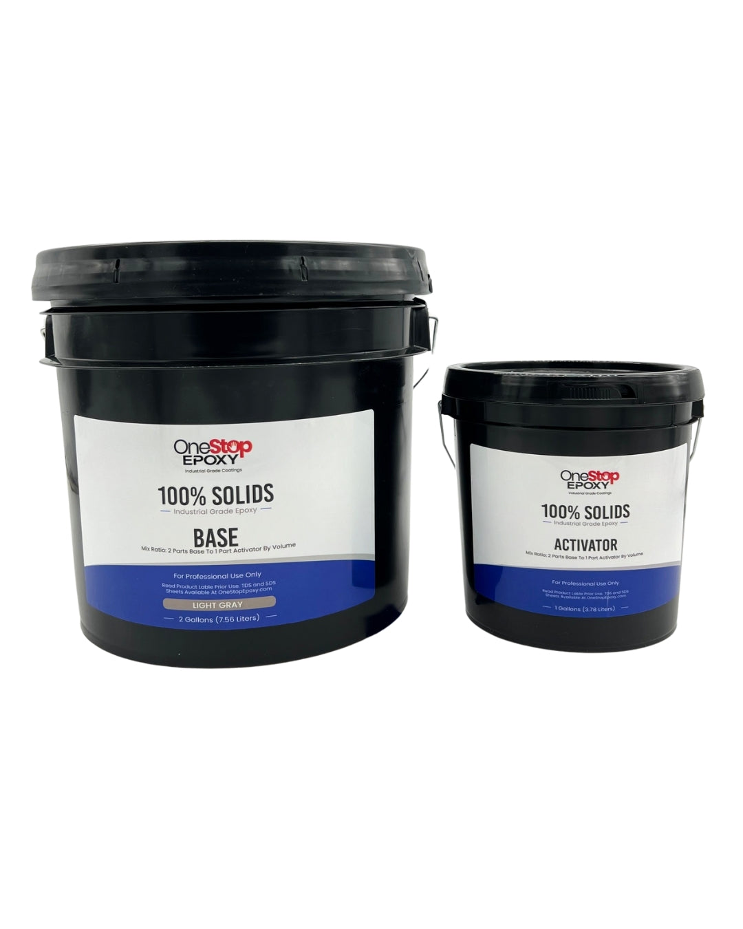 One Stop Epoxy 3-gallon short fill kit of self leveling 100% solids industrial epoxy featuring base and activator buckets for high-build flooring.