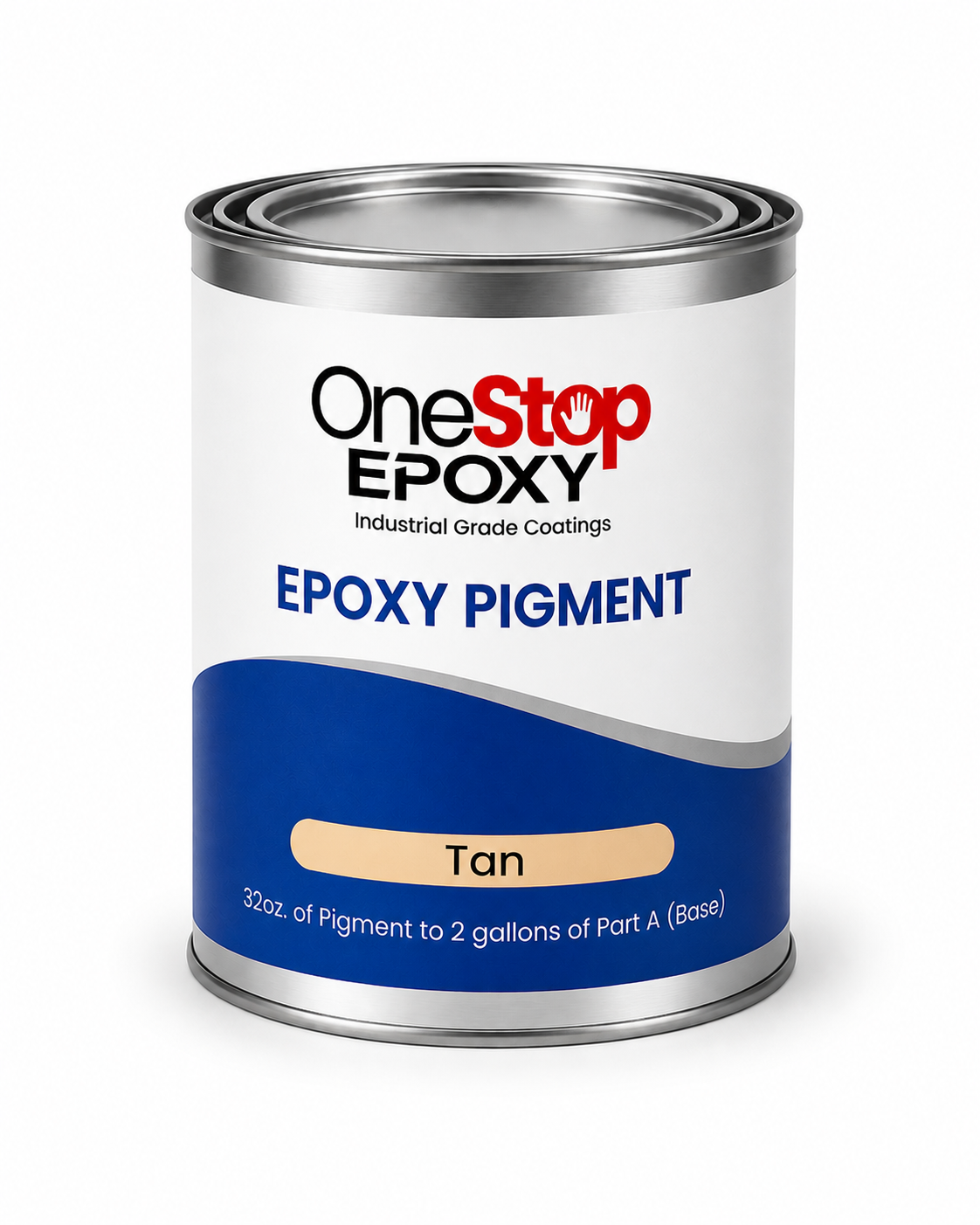 Professional-grade Tan solid color epoxy pigment in a 32oz can, providing a warm neutral base for 100% solids epoxy floor systems and flake coatings.