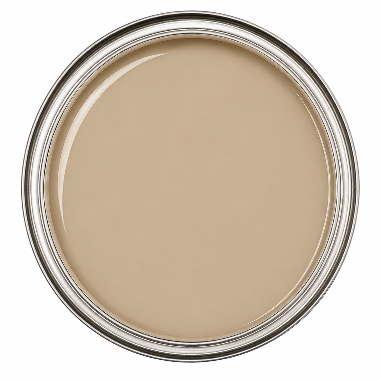 Overhead shot of an open paint can filled with smooth, high-viscosity Tan epoxy pigment, showing a consistent and warm neutral color profile.