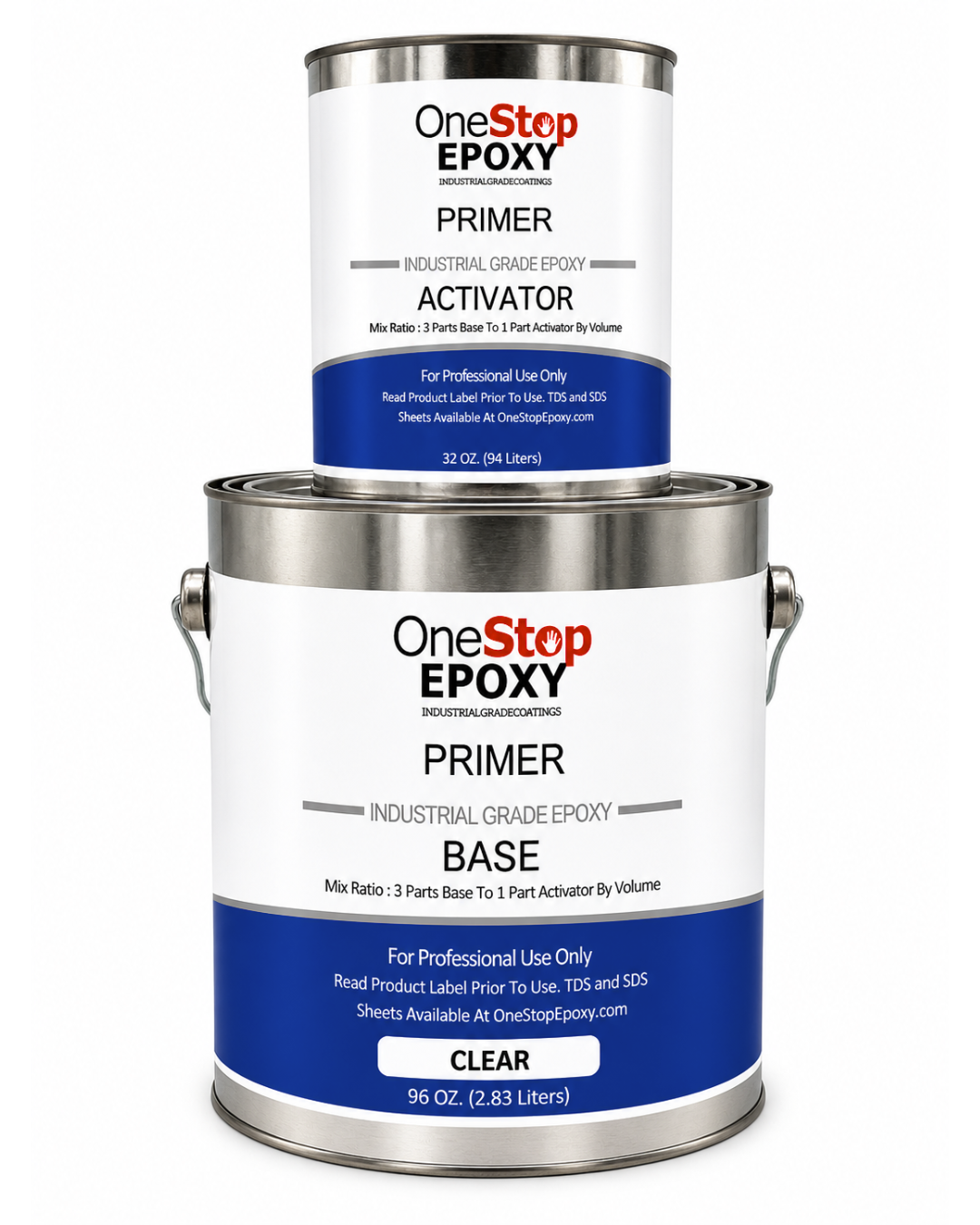 Two containers of One Stop Epoxy Primer, one labeled as 'PRIMER A' and the other as 'BASE,' both in clear color.