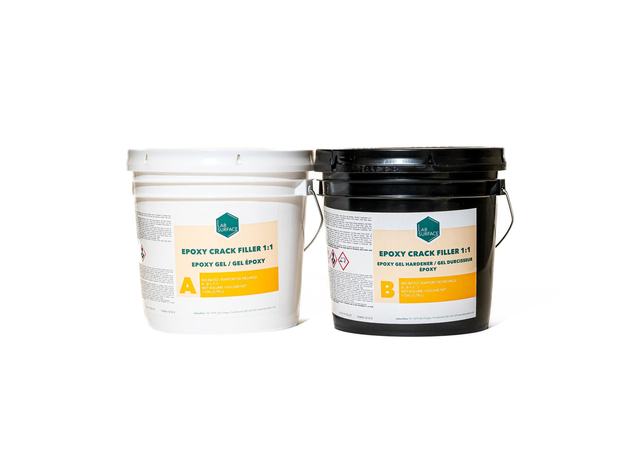 Epoxy Crack Filler Part A and Part B 1-gallon buckets for a 2-gallon kit of 100% solids non-sag gel used for vertical and horizontal concrete repairs.