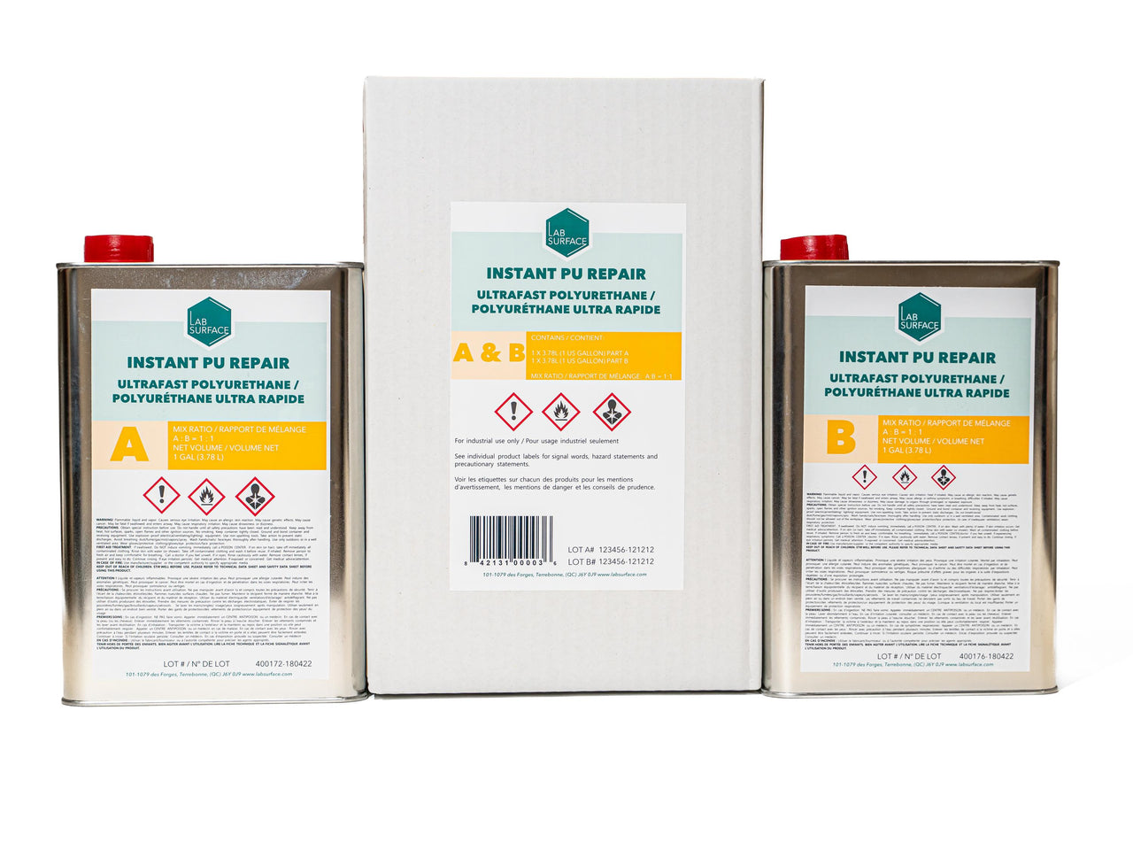 Instant PU Repair 2-Gallon Kit showing Part A and Part B polyurethane crack filler for ultra-fast concrete repair and structural welding.