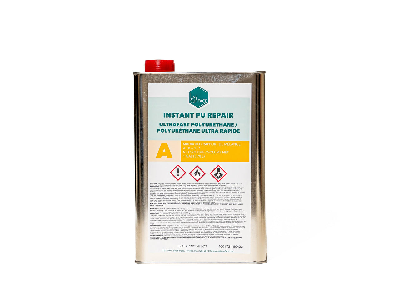 Close up of Instant PU Repair Part A 1-gallon can for ultra-fast polyurethane concrete crack repair and structural welding.