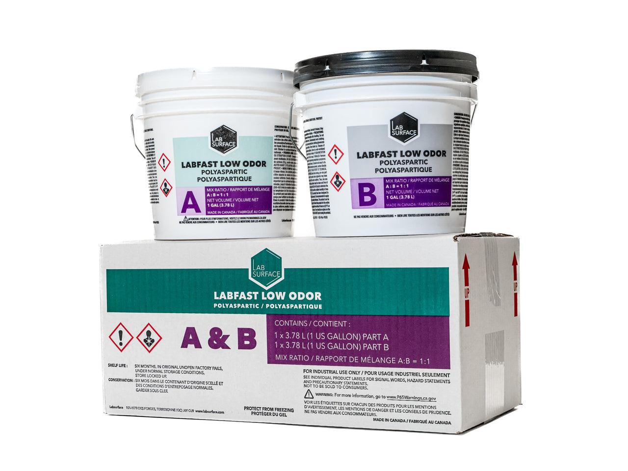 Labfast 85 (+) Low Odor Polyaspartic 2-Gallon Kit (Part A & B) for one-day garage floor installations and UV-stable topcoats.