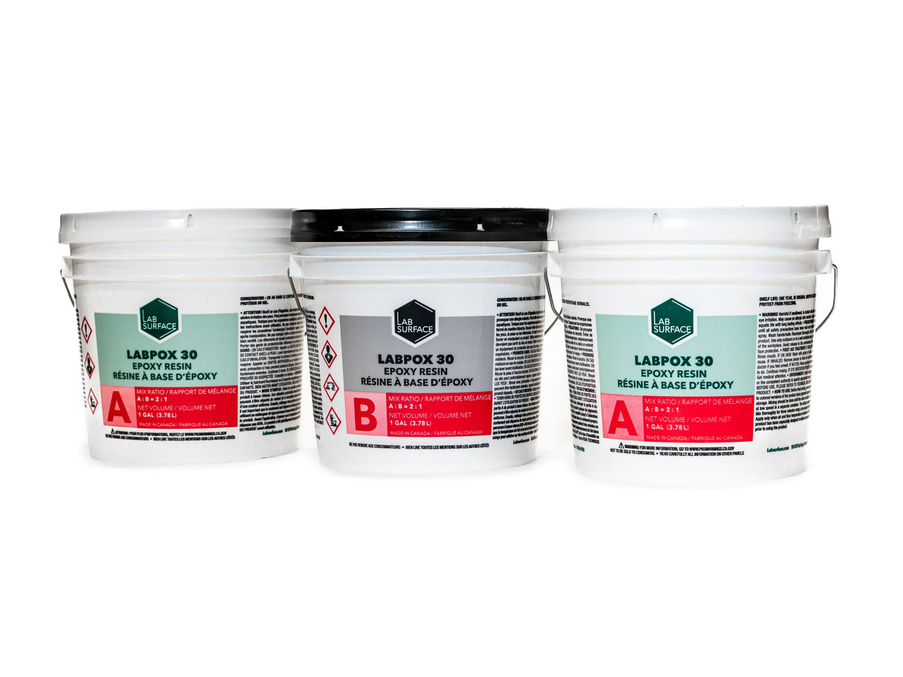 Three-gallon 100% solids epoxy system with two parts resin and one part activator, pre-colored for seamless floor installations.