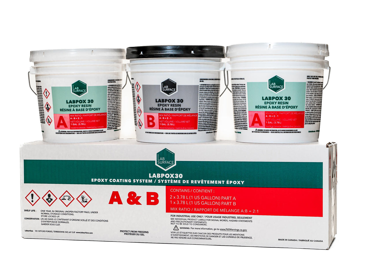 LabSurface boxed epoxy kit including two 1-gallon Part A resin bottles and one 1-gallon Part B activator for a 100% solids high-build finish.