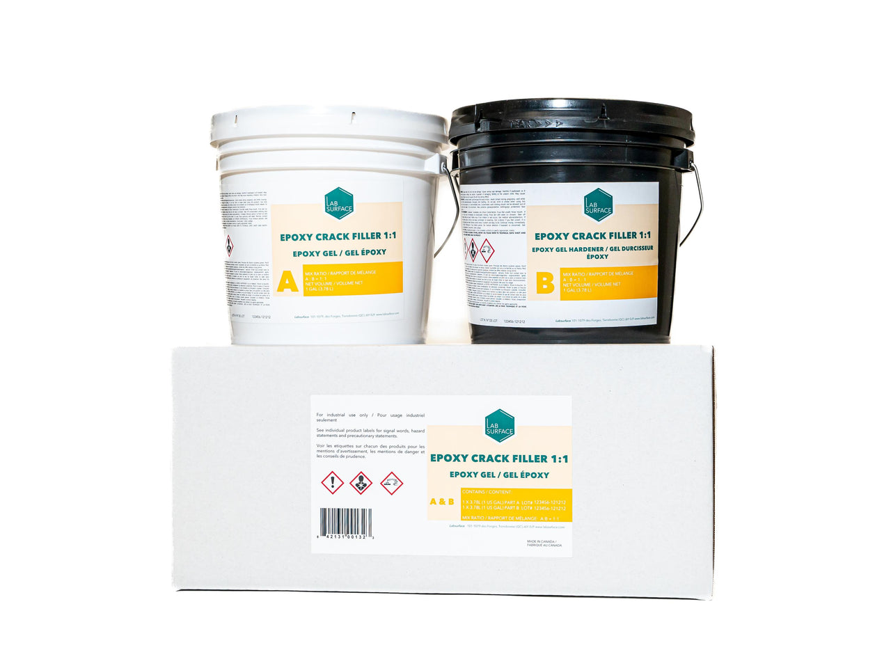 LabSurface Epoxy Crack Filler 1:1 Non-Sag Gel 2-gallon kit with Part A and Part B for vertical concrete repair and floor joint filling.