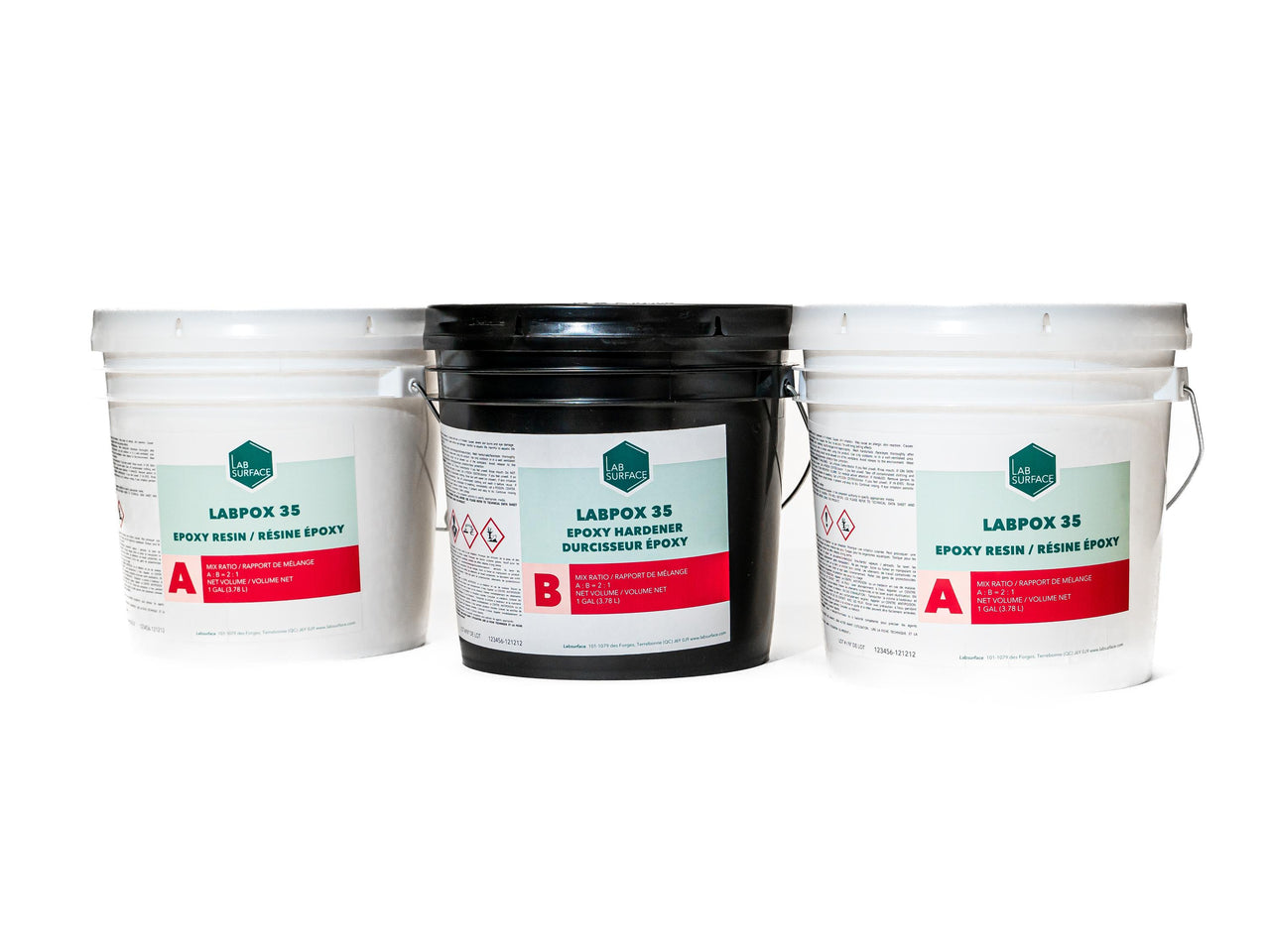 Labpox 35 100% Solids Epoxy 3 Gallon Kit by Lab Surface featuring two Part A resin buckets and one Part B hardener for sealing porous concrete and preventing pinholes.